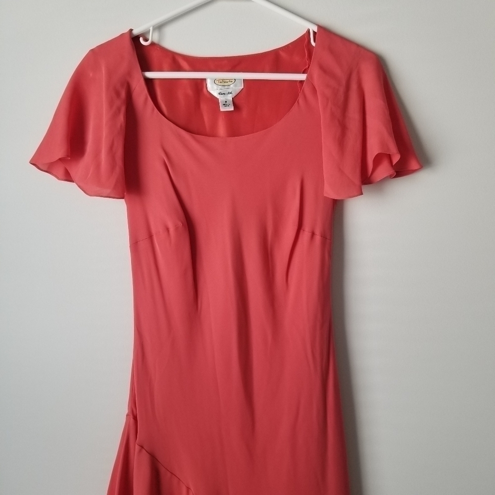 Talbots Pure Silk Coral Maxi Dress Asymmetrical Ruffle Hem Size 8 - Picture 10 of 13